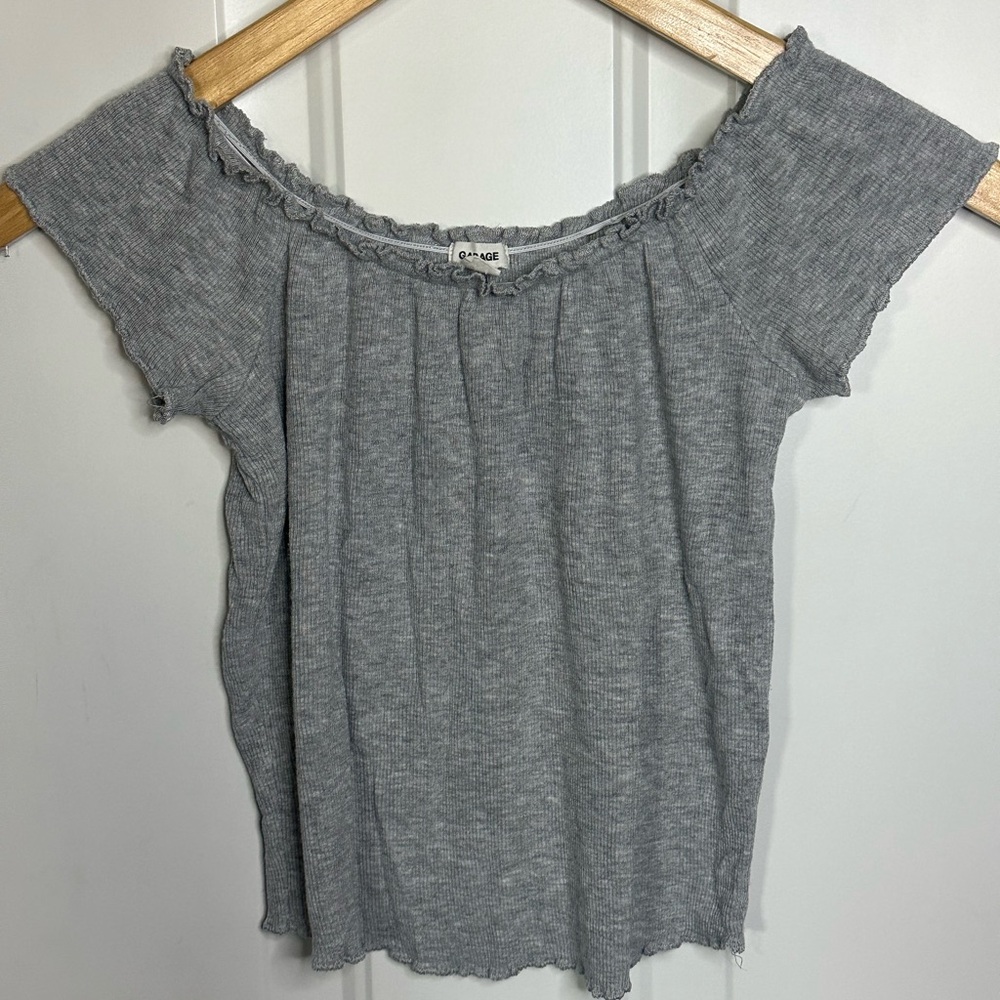 Garage Gray Ribbed Off-Shoulder Crop Top